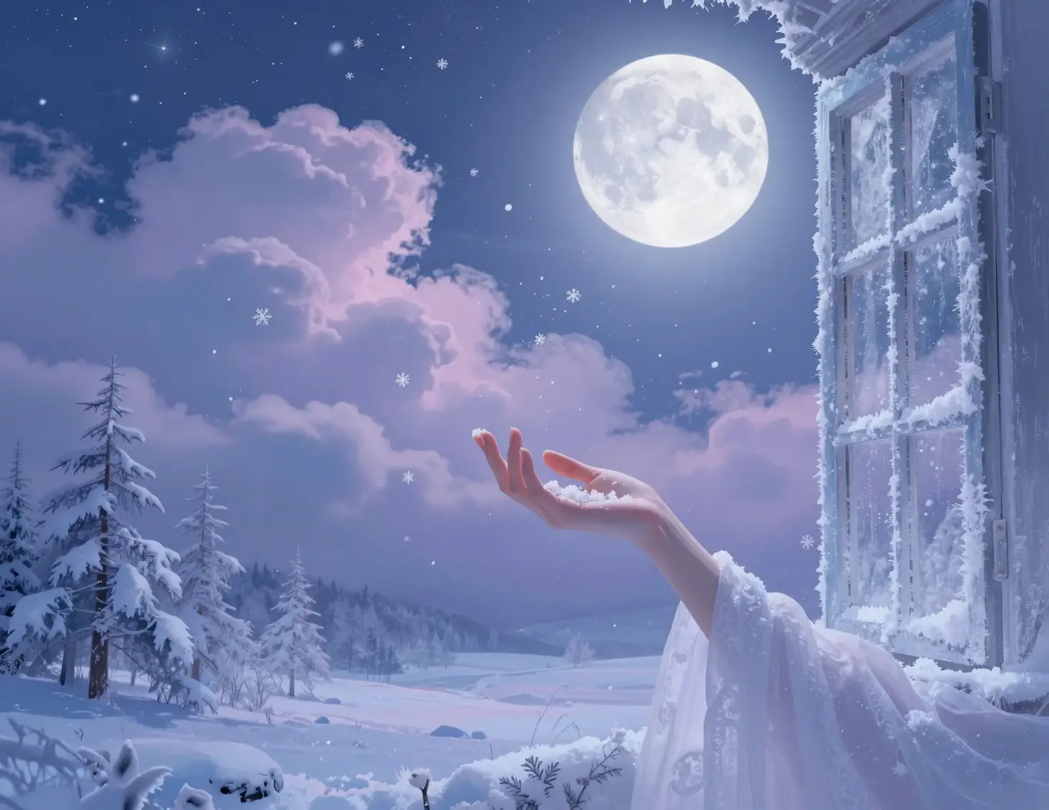 Hand Reaching From Frosty Window Into Winter Night Sky