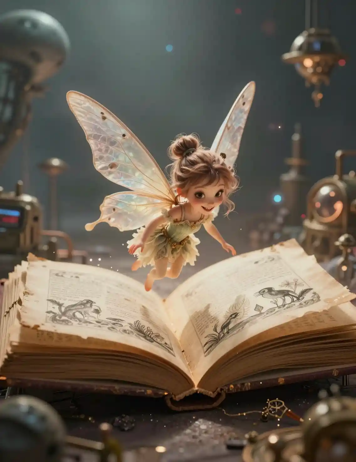 Hada fantasiosa surgiendo de un libro pop-up vintage