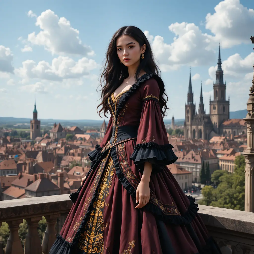 Young woman on a gothic palace terrace above medieval city