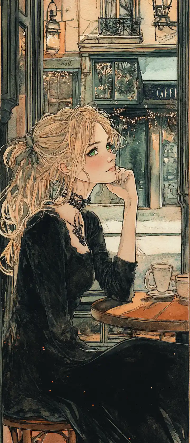 Dreamy Gothic Girl In A Cozy Parisian Cafe Illustration