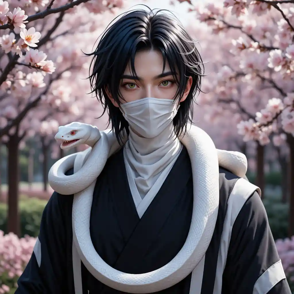 Anime man with snake companion in cherry blossom garden