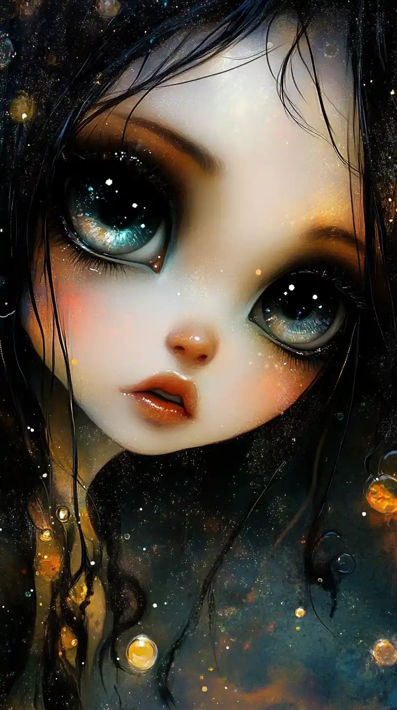 Fantasy baby creature with shimmering gradient eyes illustration