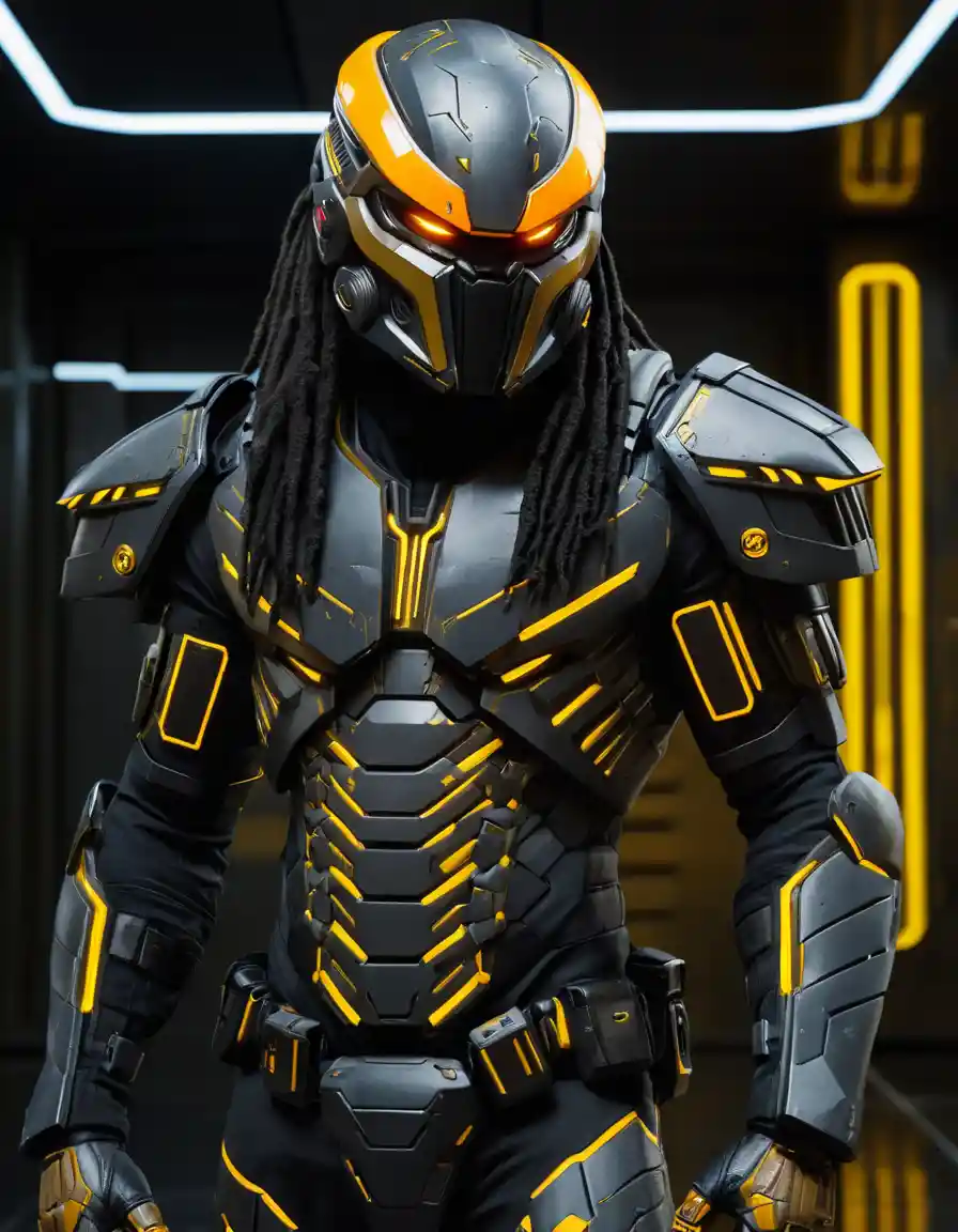 Soldato futuristico con armatura da combattimento in stile Tron al neon
