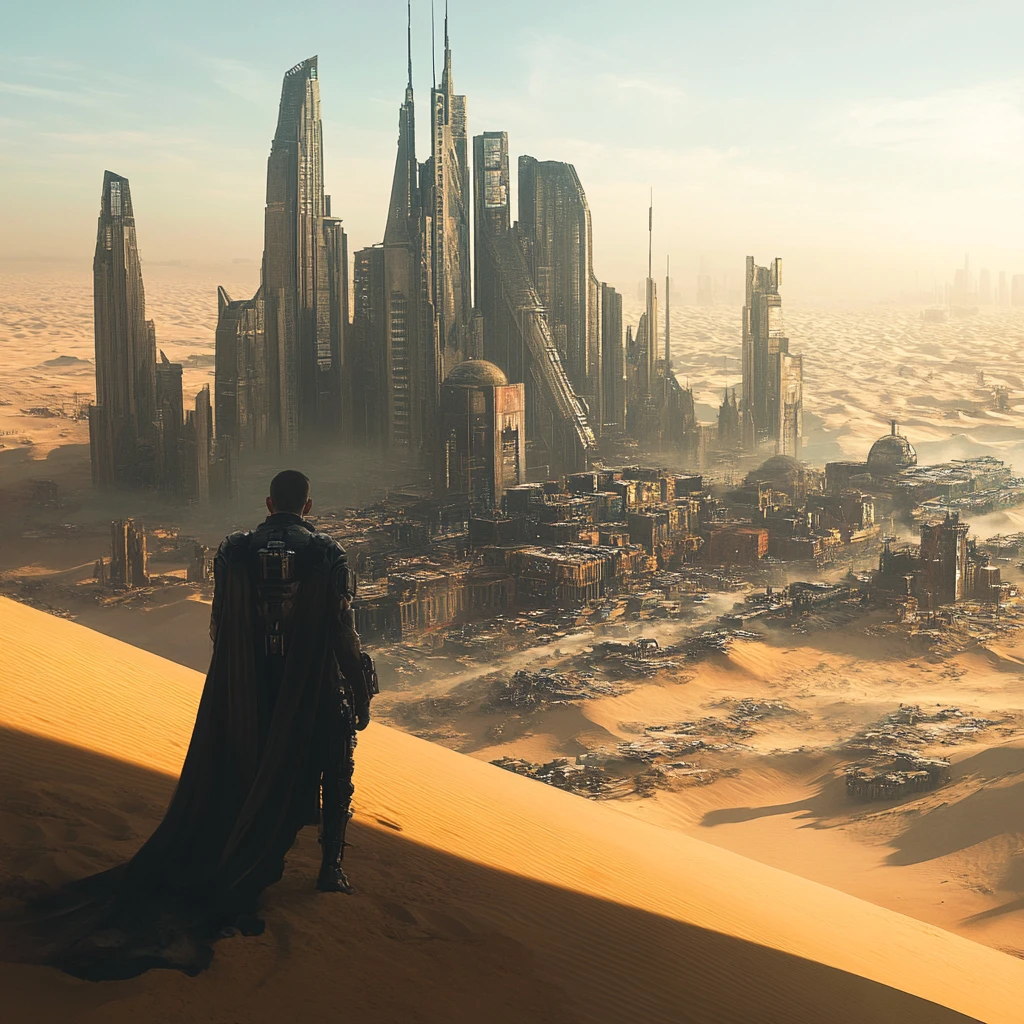 Bald cybernetic man in dystopian desert metropolis