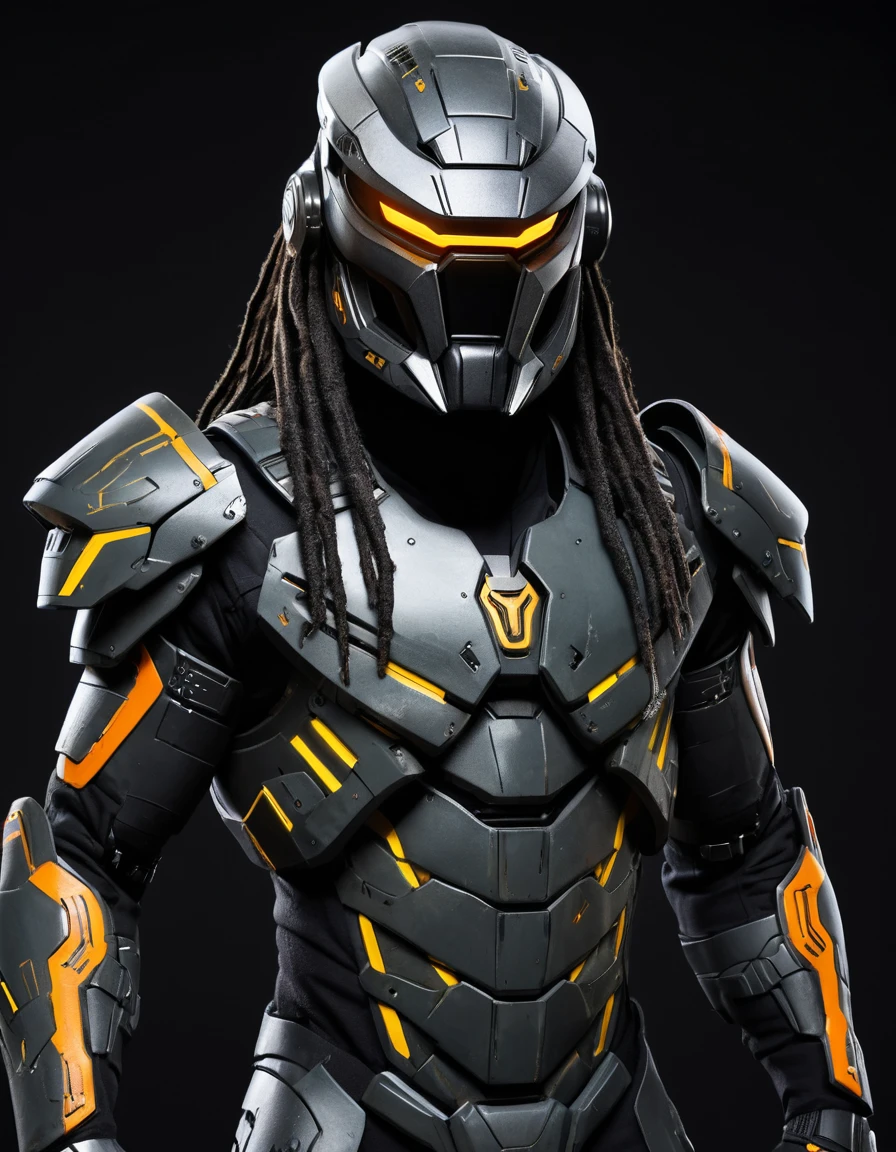 Cyber soldier in neon camouflage armor with predator helmet