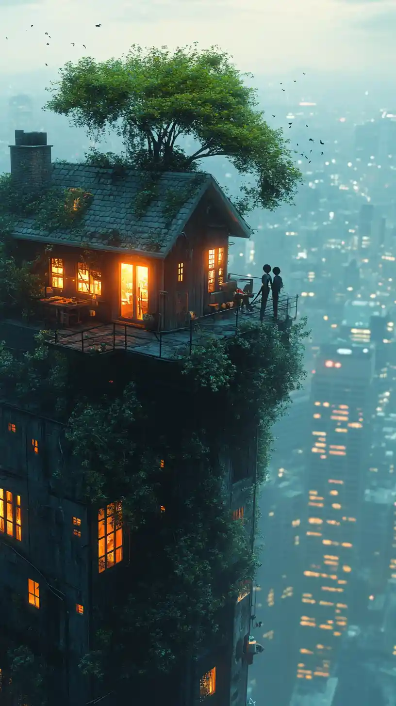 Cottage rustico sopra un grattacielo su città futuristica avvolta nella nebbia