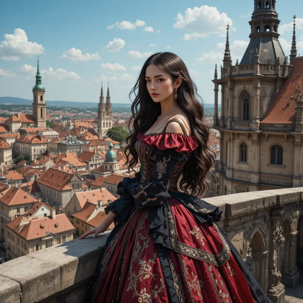 Young woman on a gothic palace terrace above medieval city