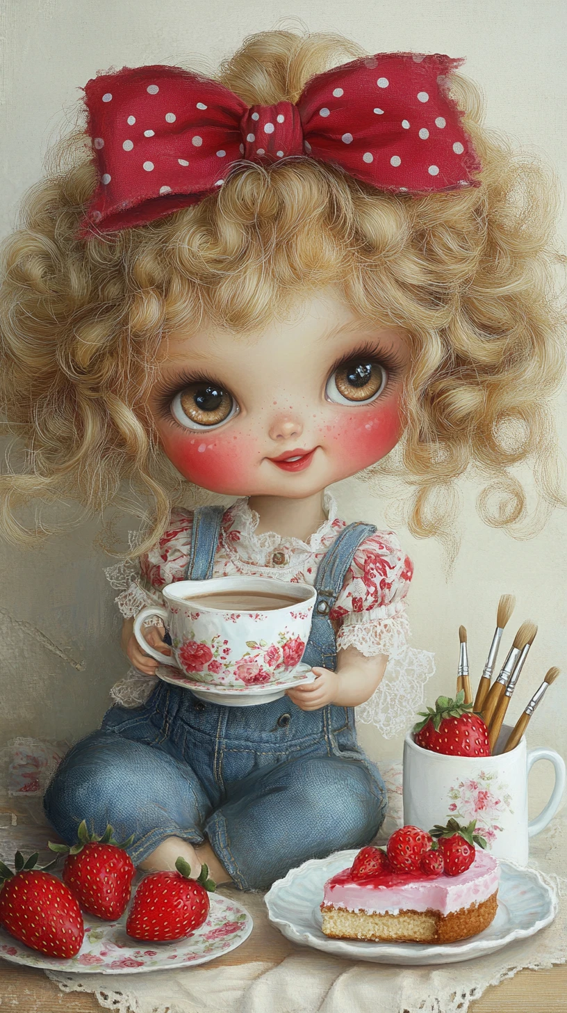 Cute blonde doll at a cozy table with cake and tea