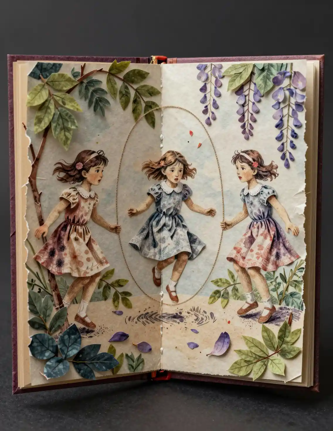 Open pop up book with origami girls jumping rope