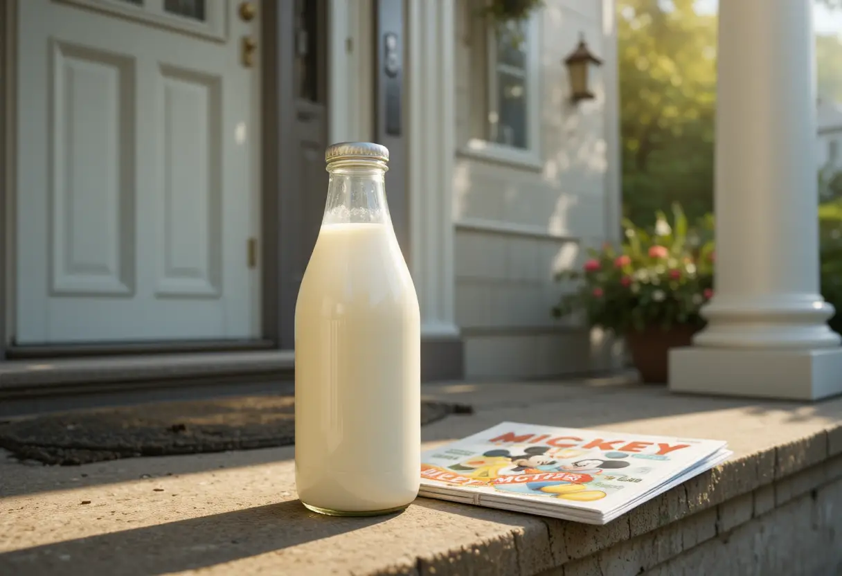 Milk bottle and kids magazine on a sunny doorstep
