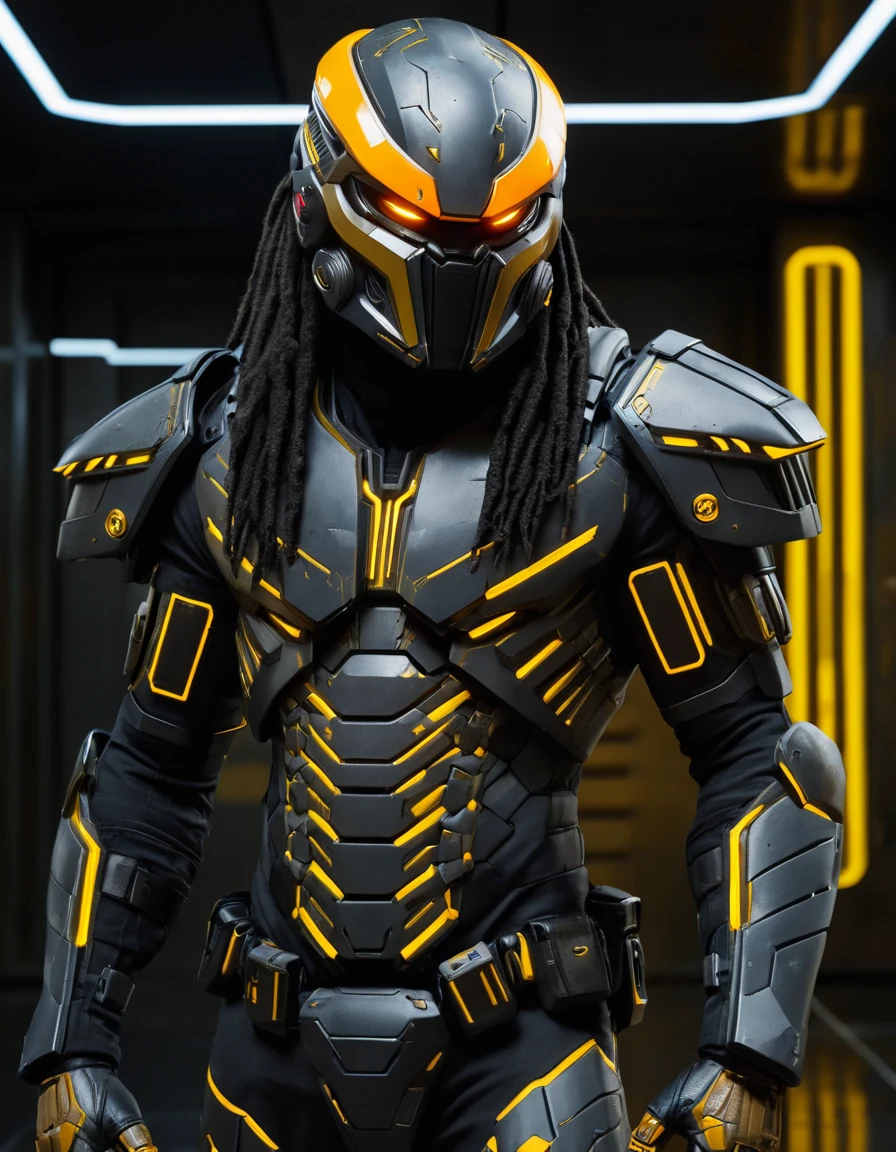 Futuristic soldier in neon tron style combat armor