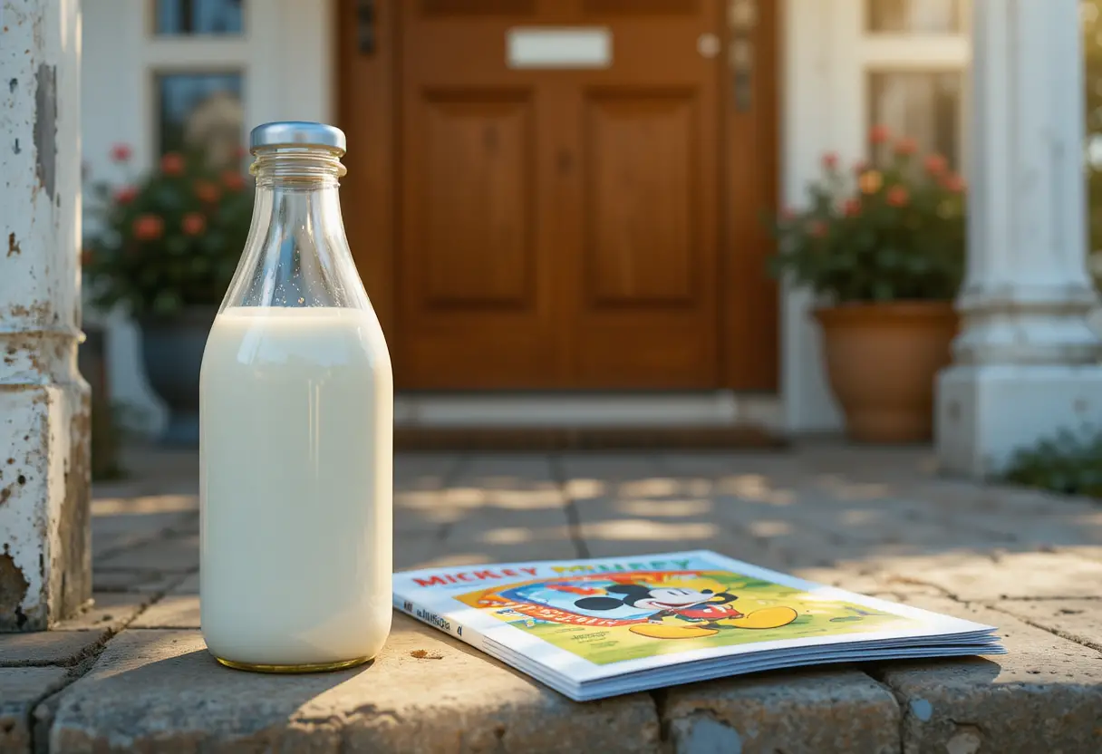 Milk bottle and kids magazine on a sunny doorstep