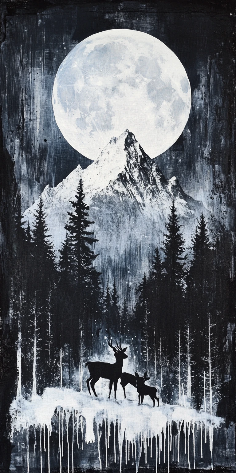 Surreal doe and fawn beneath a luminous full moon