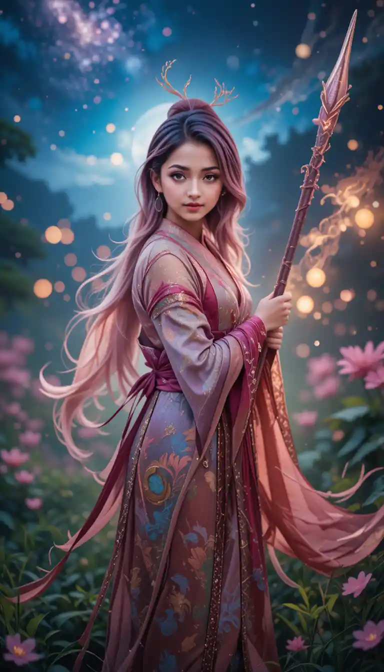 Anime girl in kimono smiling on a magical night