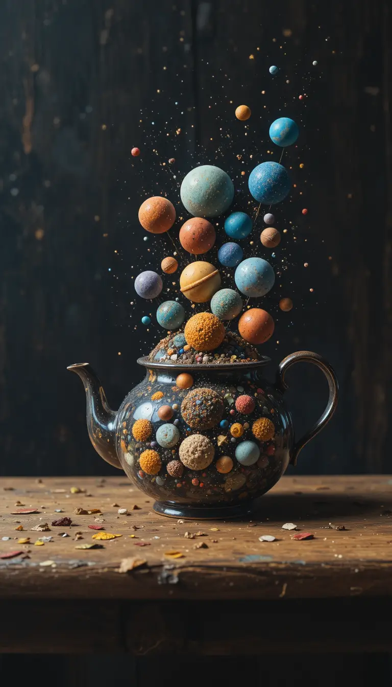 Surreal teapot with miniature planet parade and stars