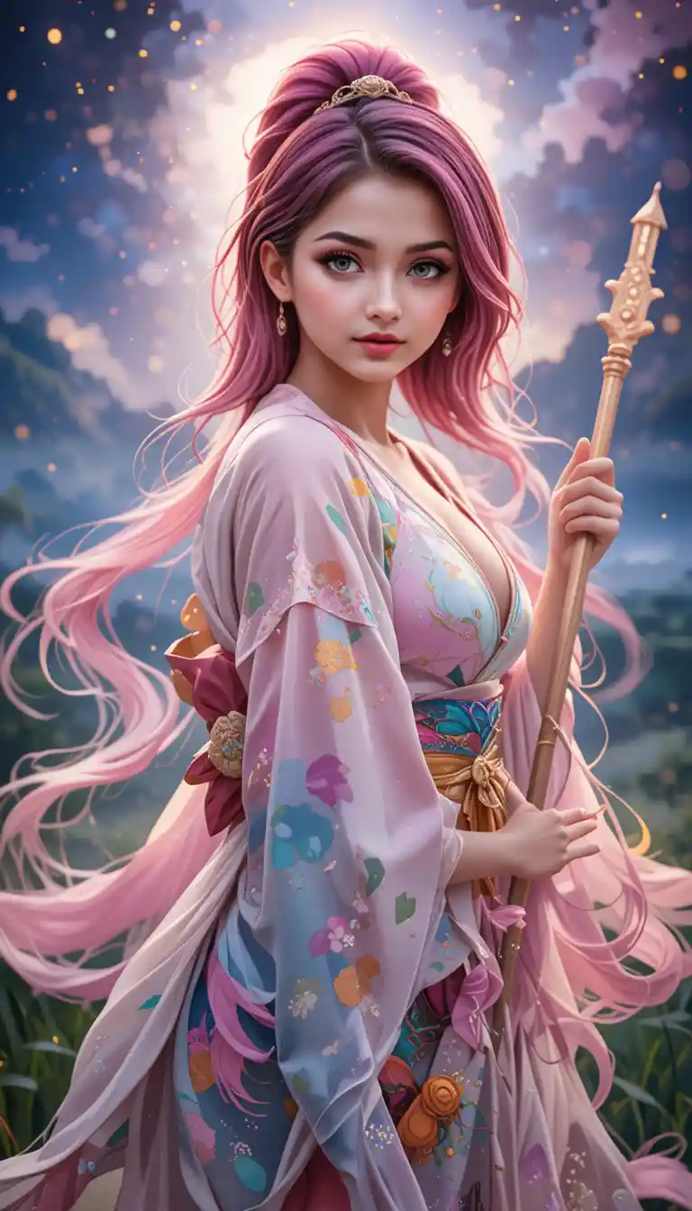 Pink haired anime girl on grass under a magical night sky