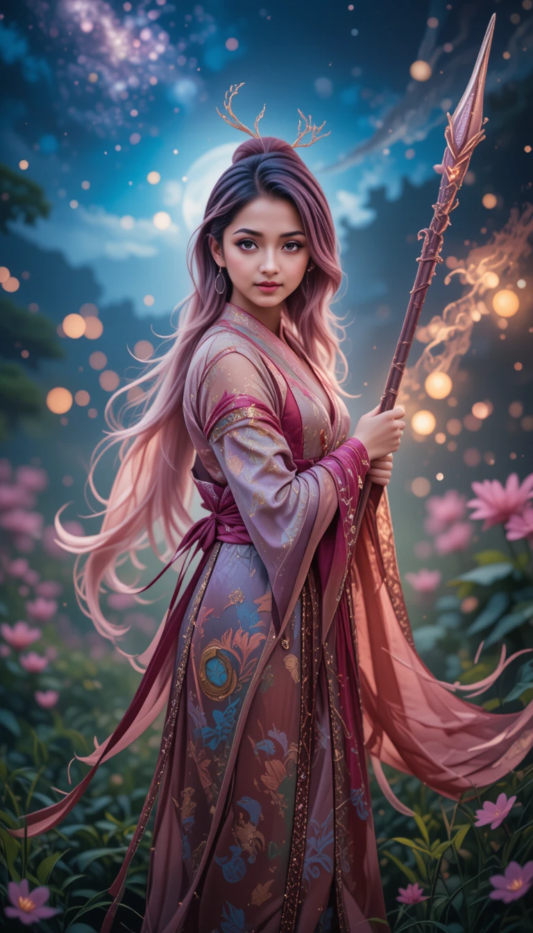 Anime girl in kimono smiling on a magical night