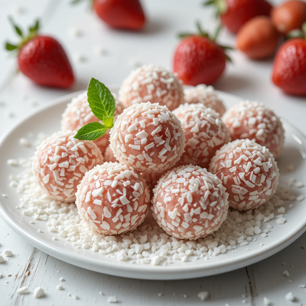 Primer plano de bolas de dulce de coco con fresas y menta