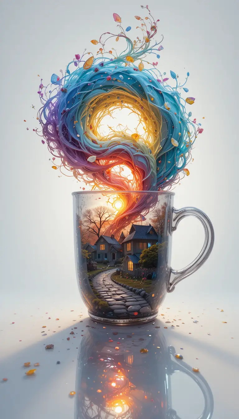 Taza fantástica con colores en espiral y diminutas casitas