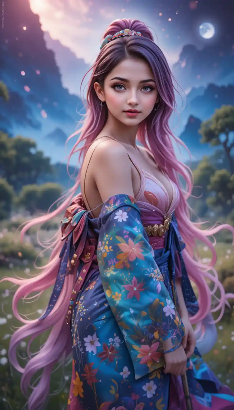 夜晚草地上持槍的褐膚和服動漫少女