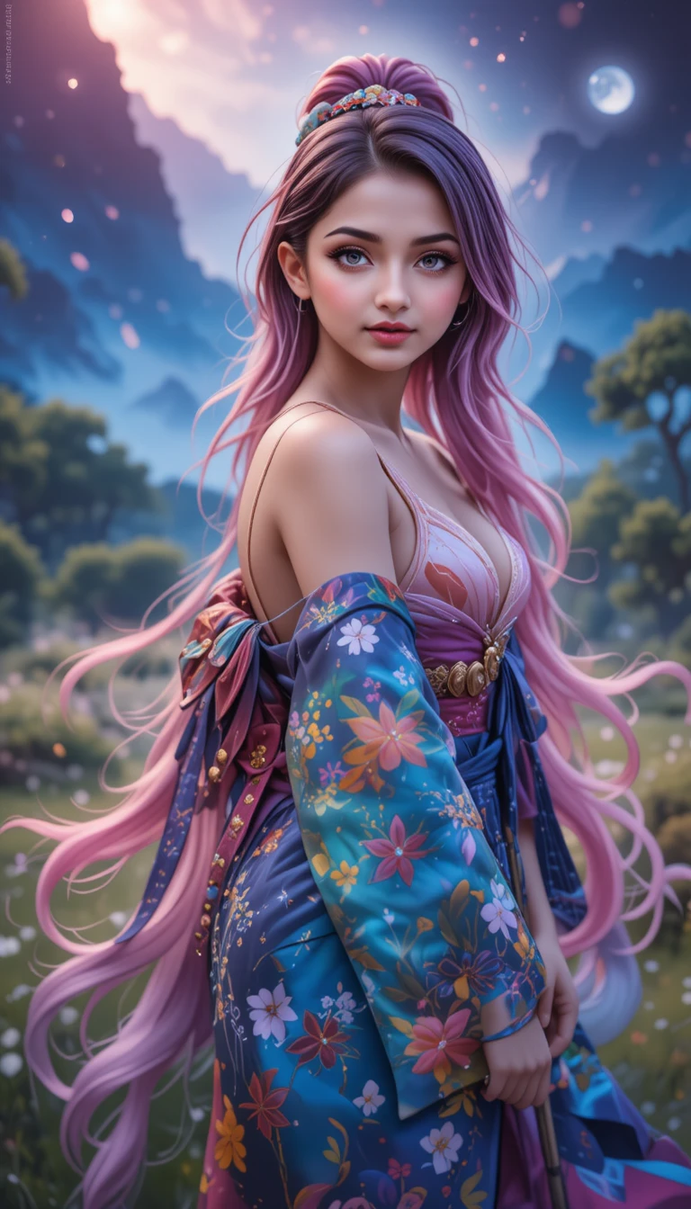 夜晚草地上持槍的褐膚和服動漫少女