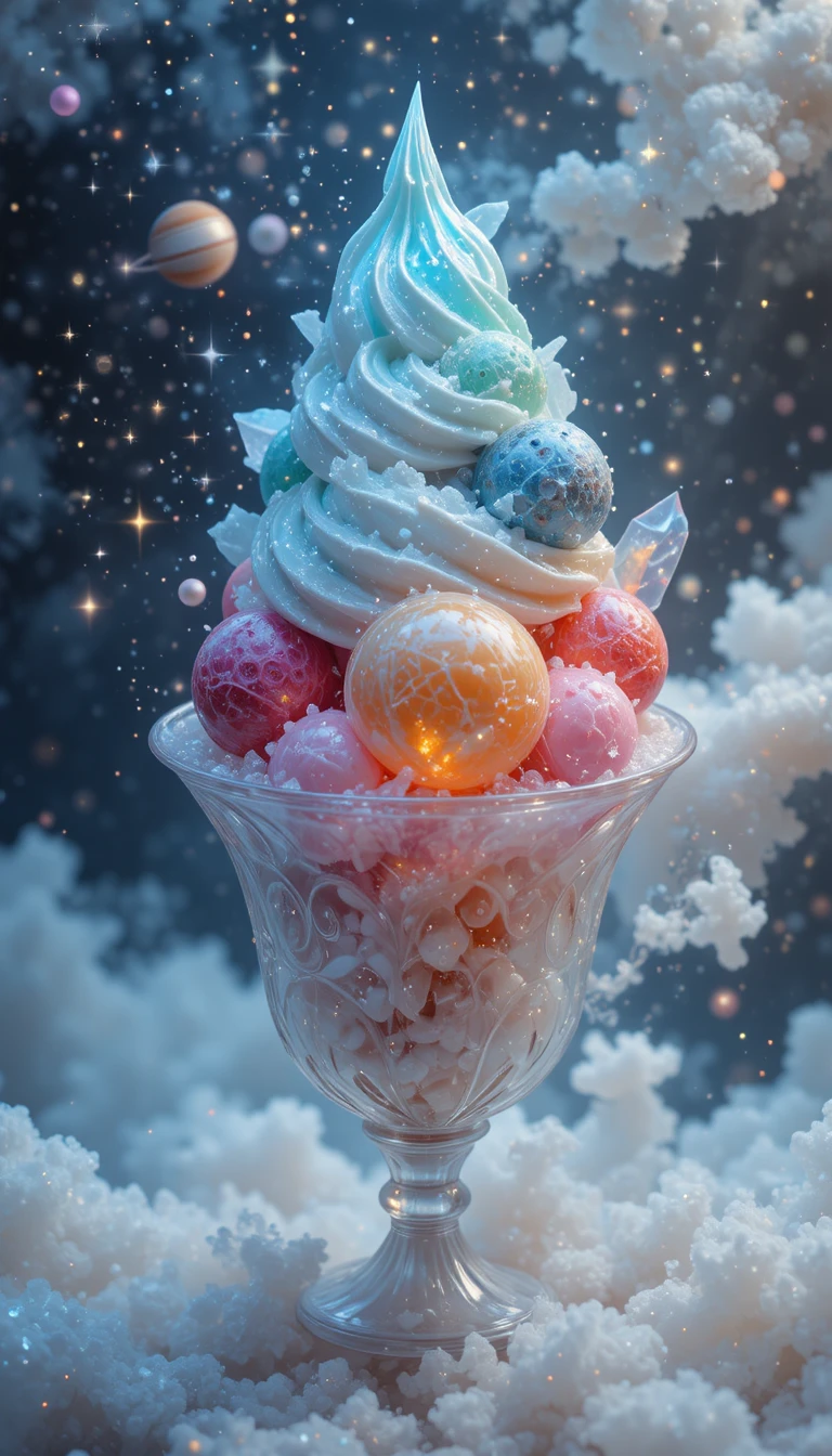Cosmic ice cream scoops floating in a starry universe