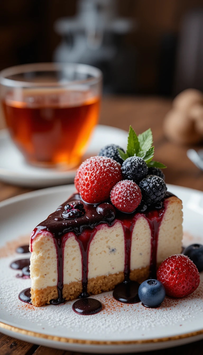Primer plano de postre de cheesecake de frutos rojos con té de hierbas