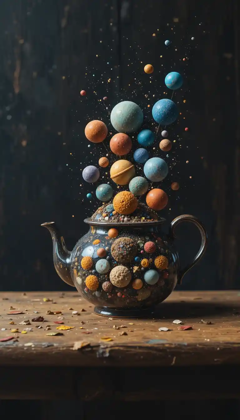 Surrealistische Teekanne mit Miniaturplaneten-Parade und Sternen