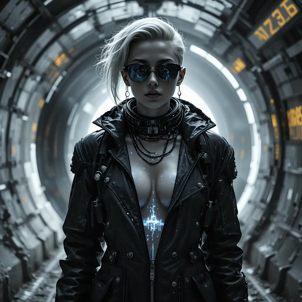 Cyberpunk woman in underground maintenance tunnel shaft