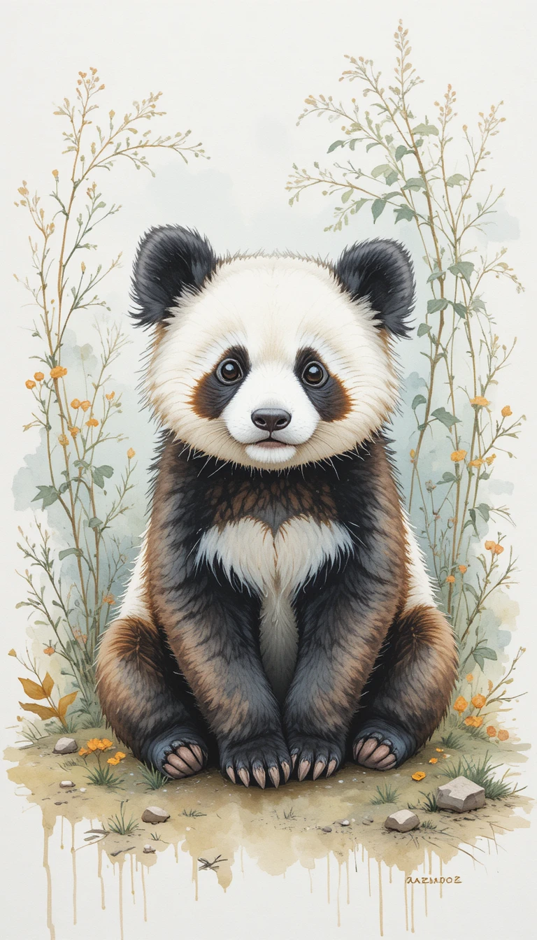 Dulce panda en acuarela sentado en una tranquila escena de desierto