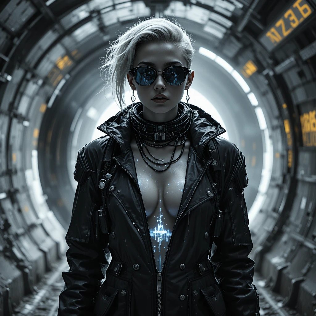 Cyberpunk woman in underground maintenance tunnel shaft