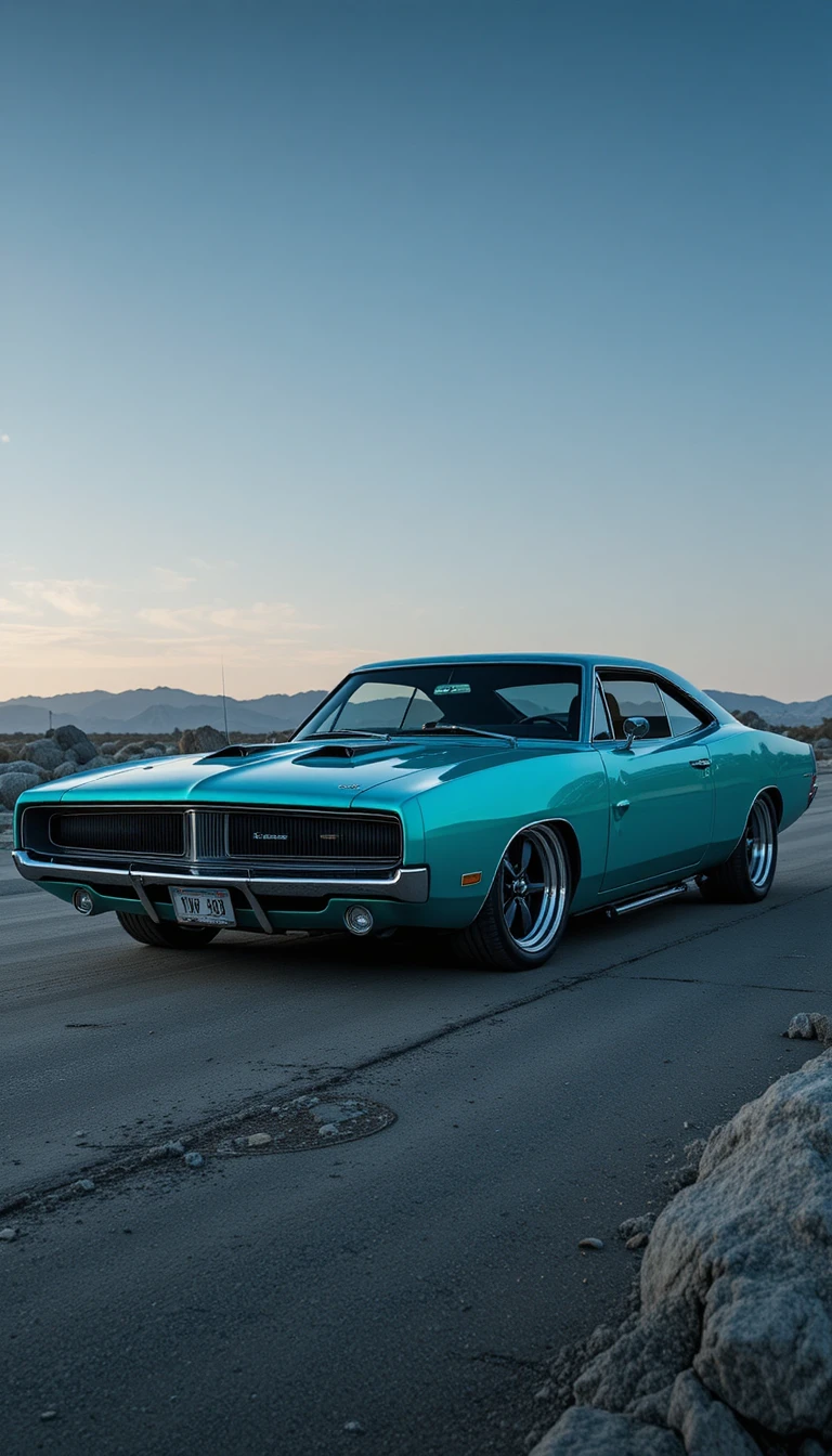 Blue green 1969 muscle car with wide body upgrades
