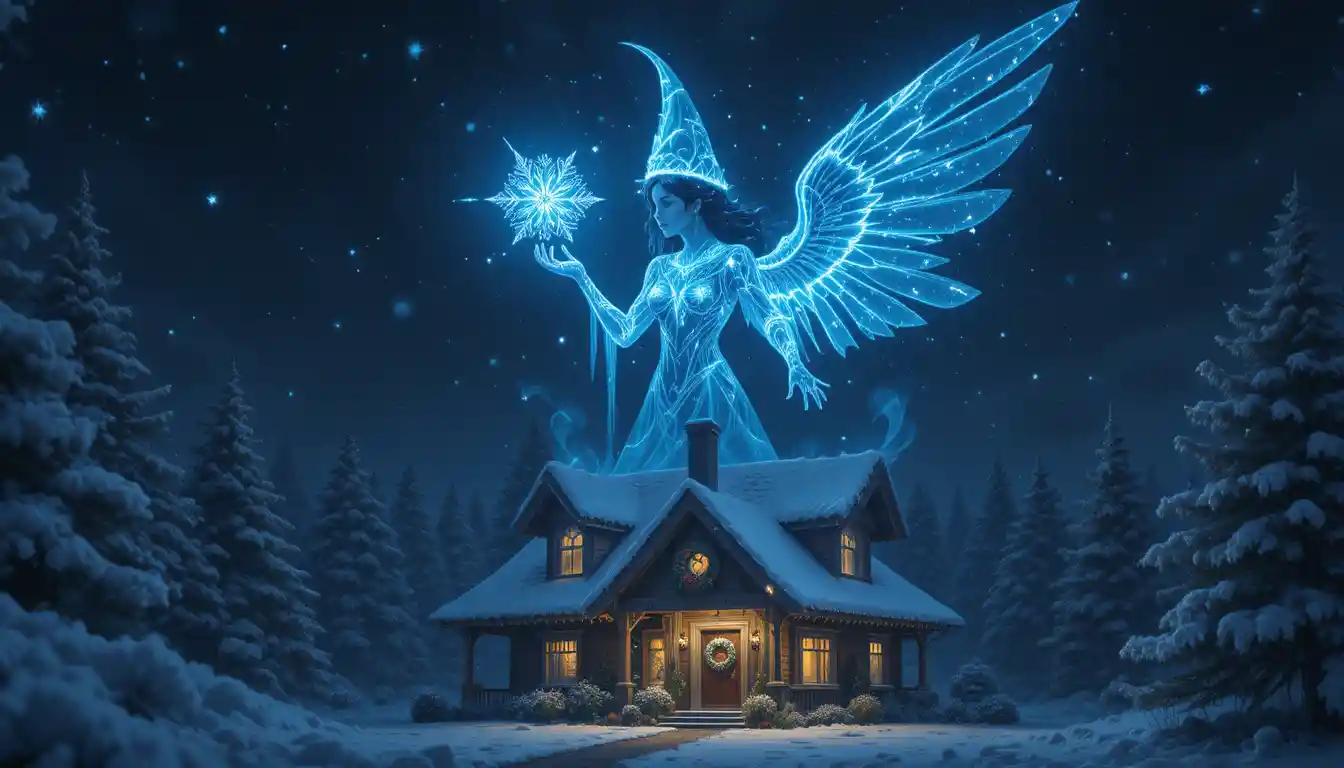 Ángel azul resplandeciente sosteniendo un copo de nieve sobre casa invernal