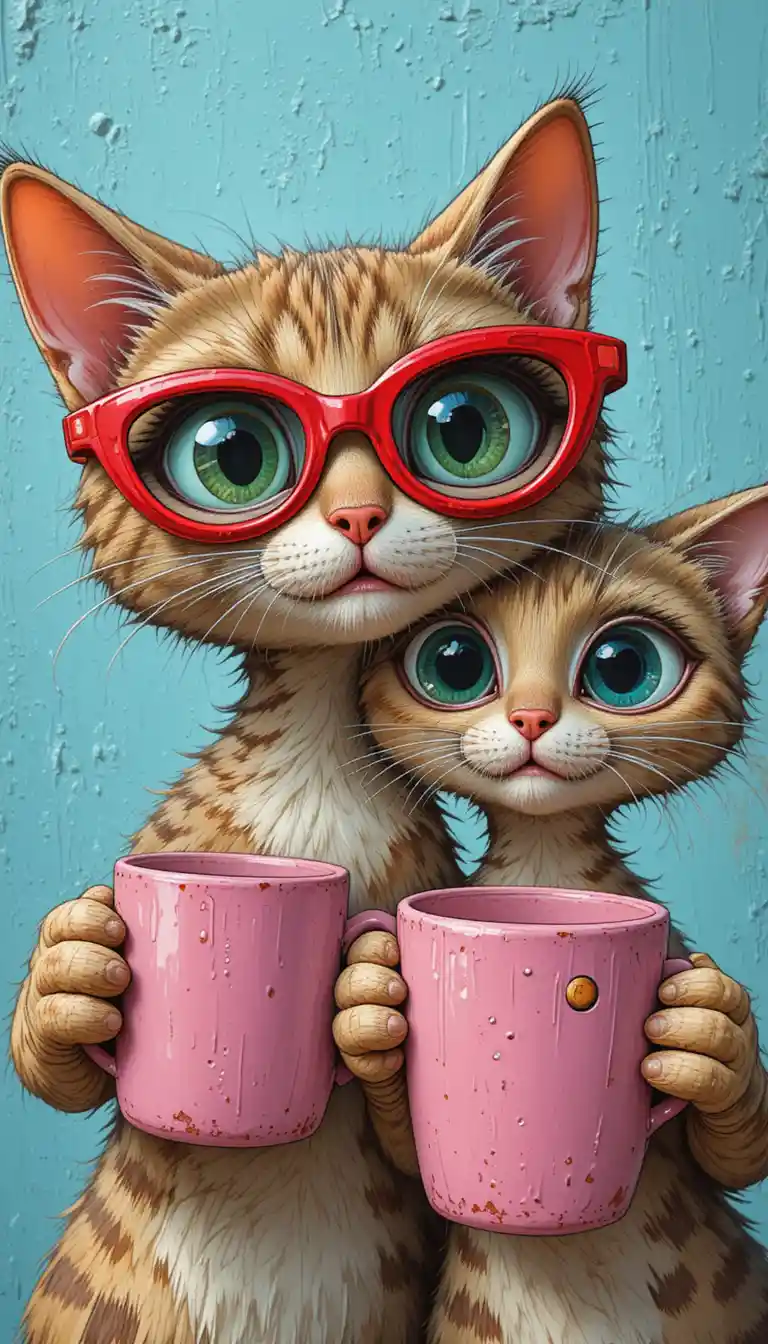 Due gatti cartoon con tazze rosa su sfondo blu testurizzato