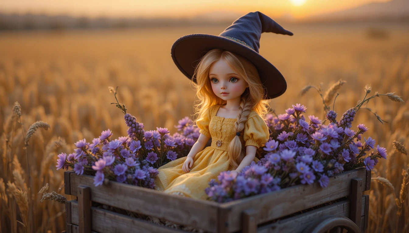 Porzellanpuppe im Wagen mit lila Blumen bei Sonnenuntergang