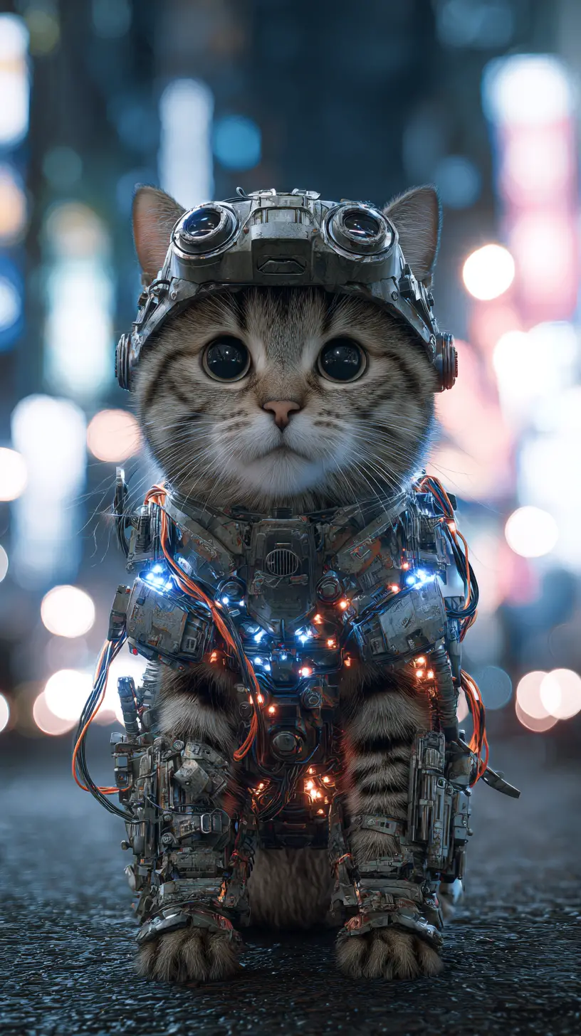 Cyberpunk armored tabby cat in neon city at night