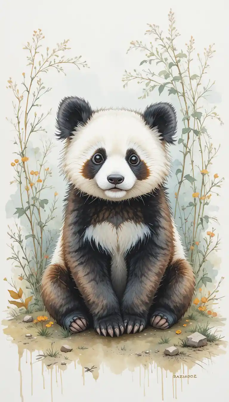 Dulce panda en acuarela sentado en una tranquila escena de desierto