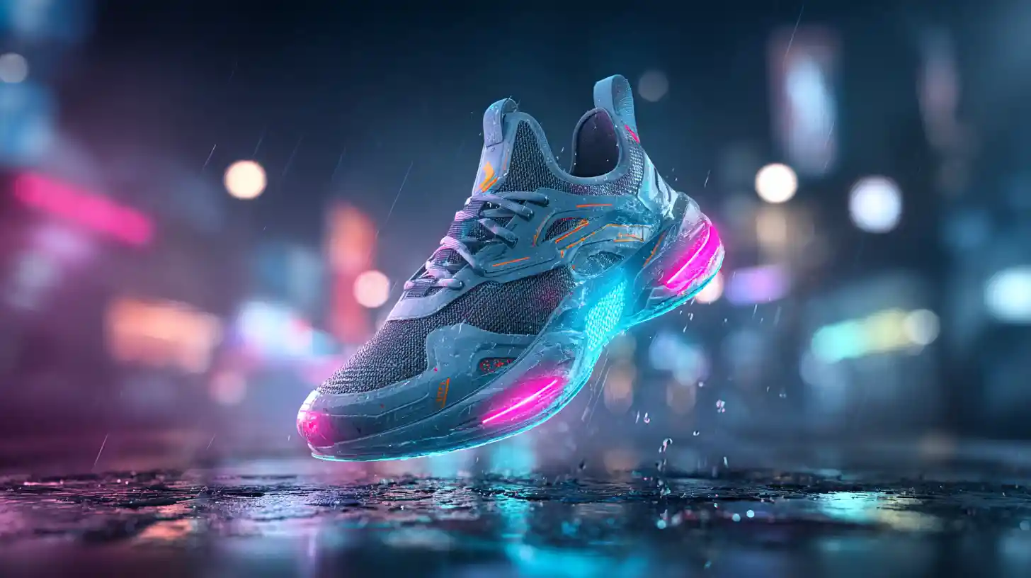 Futuristic cyberpunk sneakers floating over neon city street