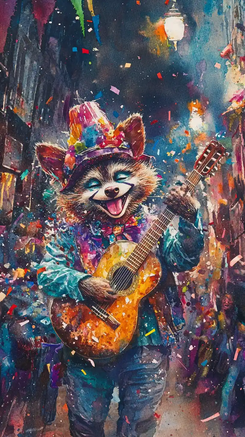 Watercolor raccoon clown dancing on a Paris city street