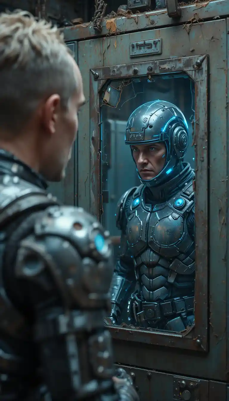 Soldat de science‑fiction usé face à son reflet parfait dans le miroir