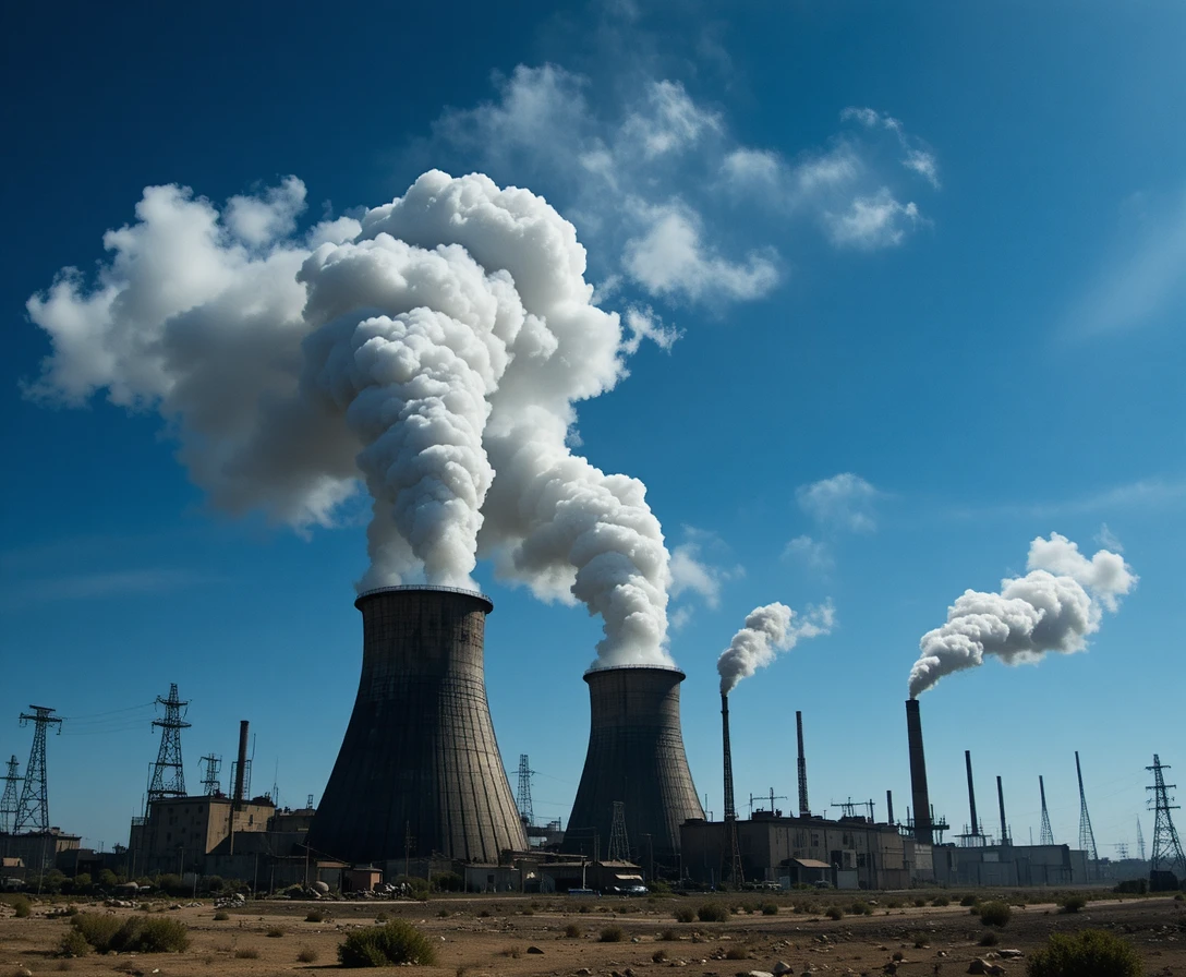 Chimeneas industriales contaminando un páramo estéril bajo un cielo azul