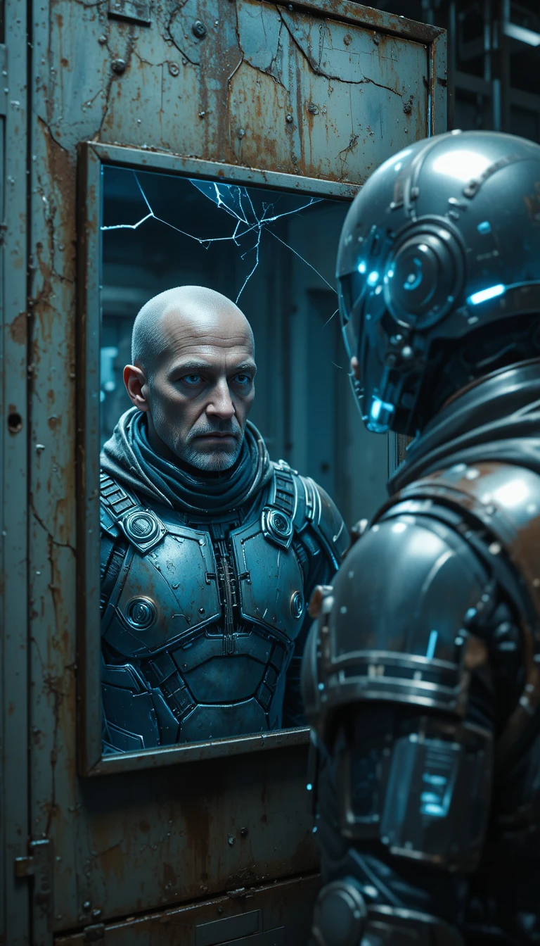 Soldado de ciencia ficción desgastado frente a su reflejo impecable en el espejo