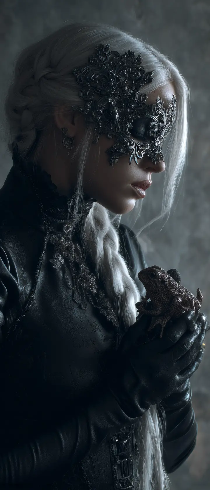 Dark fantasy woman with mask and mechanical toad