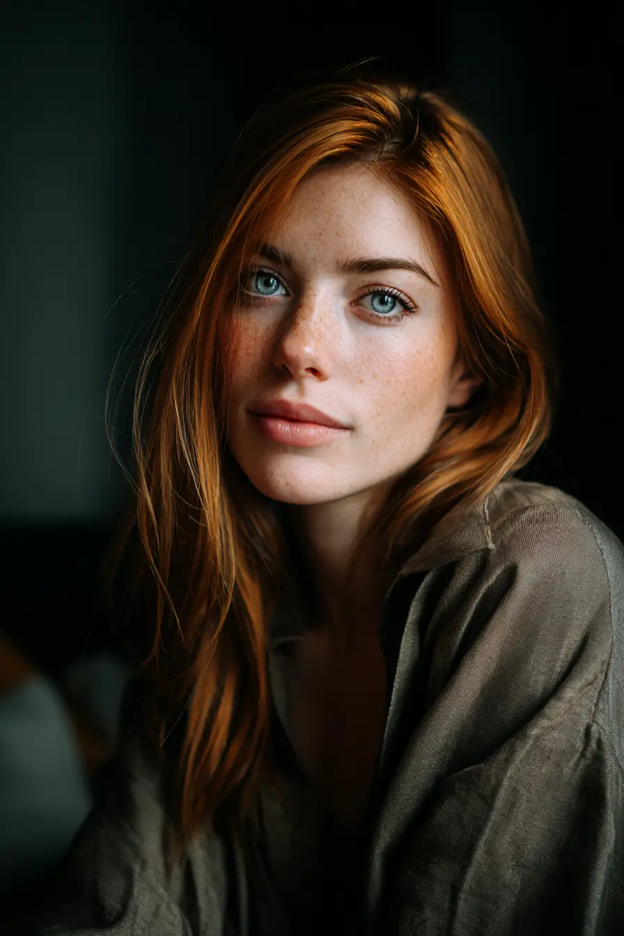 Young woman close up portrait in moody indoor lighting