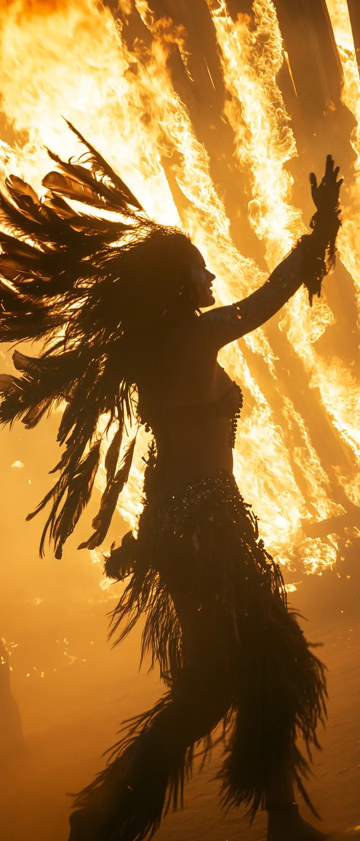 Ecstatic woman dancing before a towering burning structure