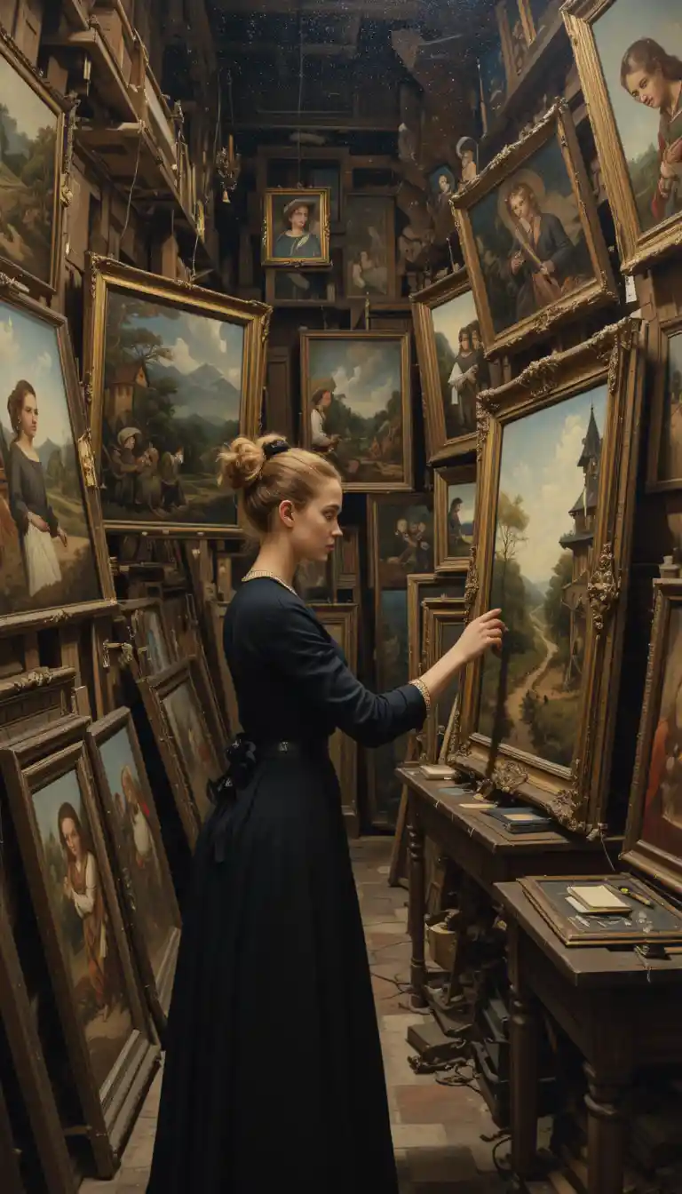 Young woman appraiser in a medieval Flemish art warehouse