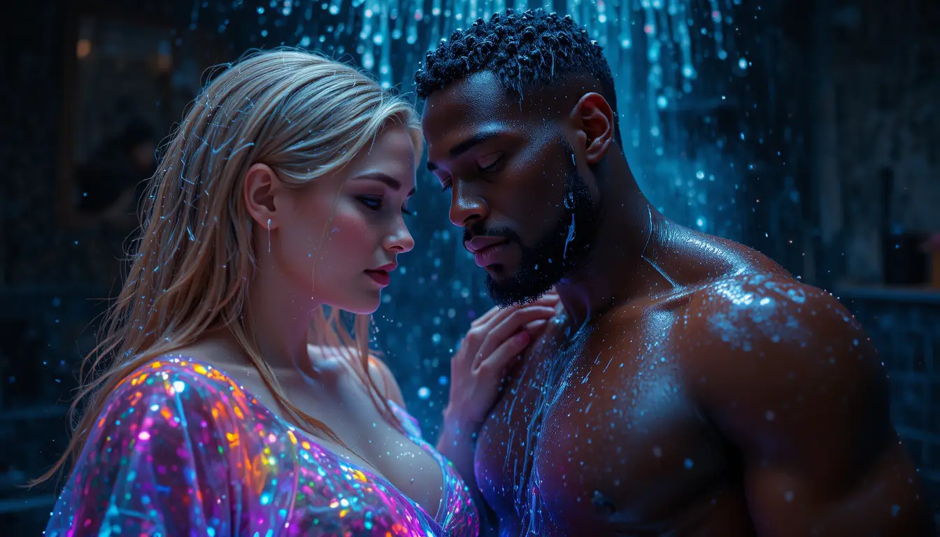 Blonde woman and black man in neon lava shower scene
