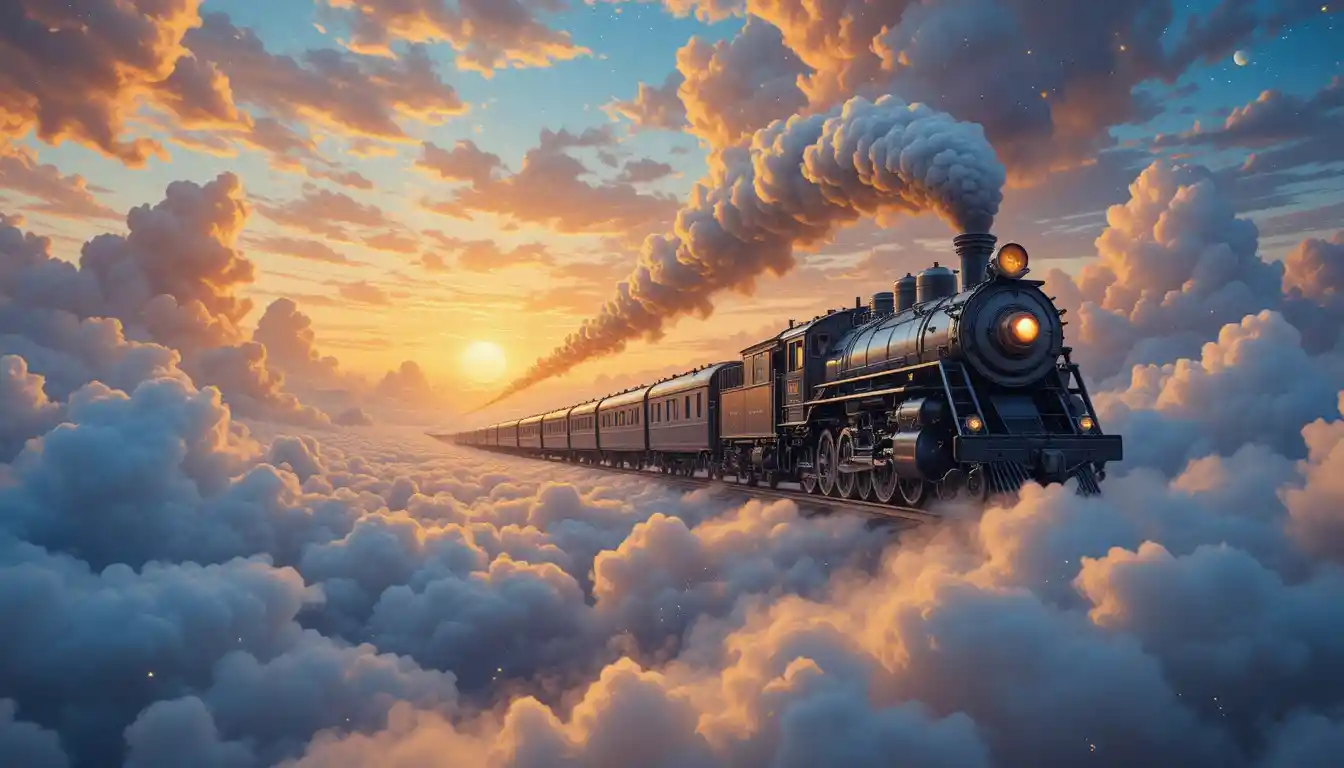 Fantasy train cruising through a glowing sunset sky