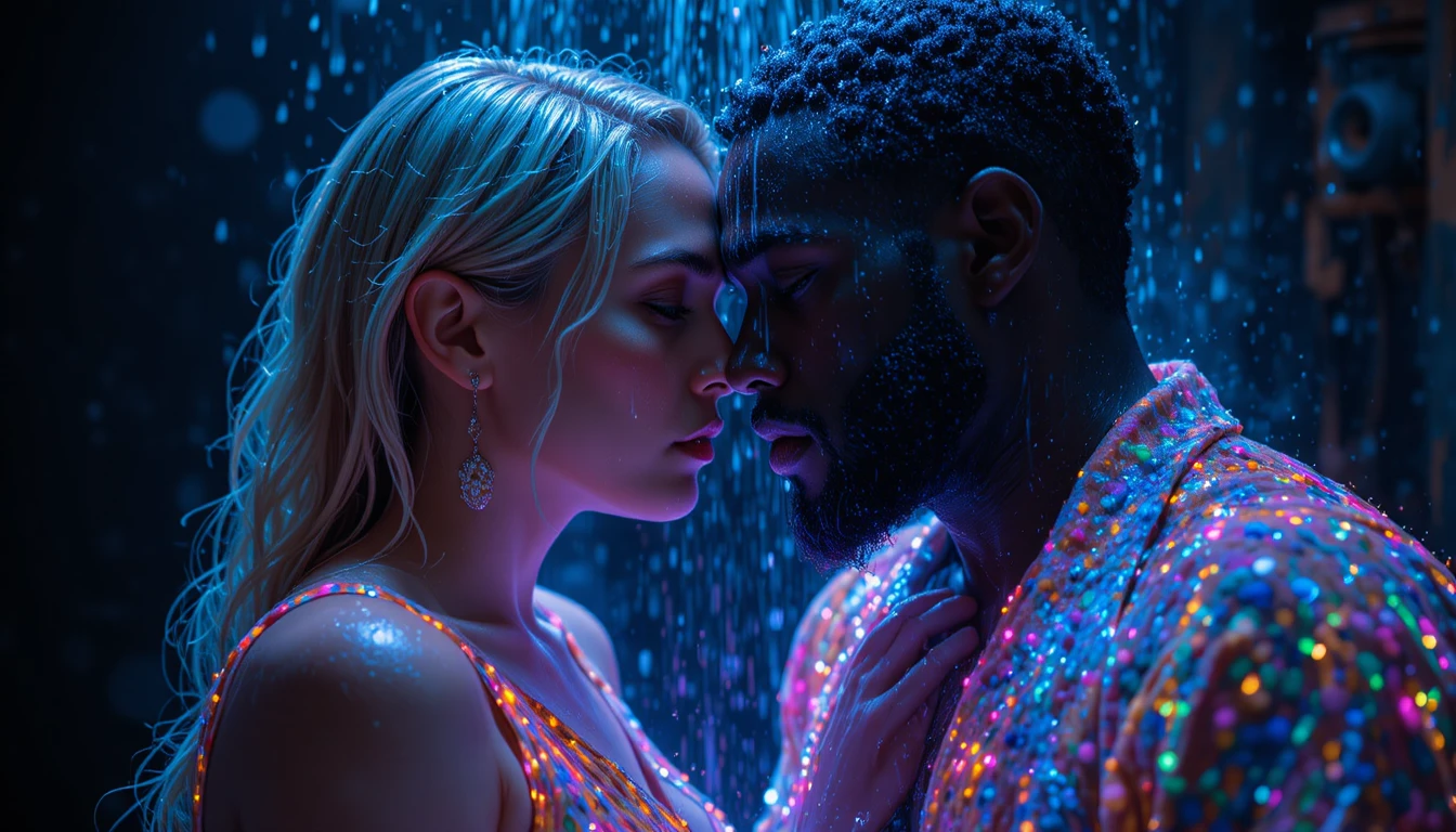 Blonde Frau mit Mann unter der Dusche über glühender Lava