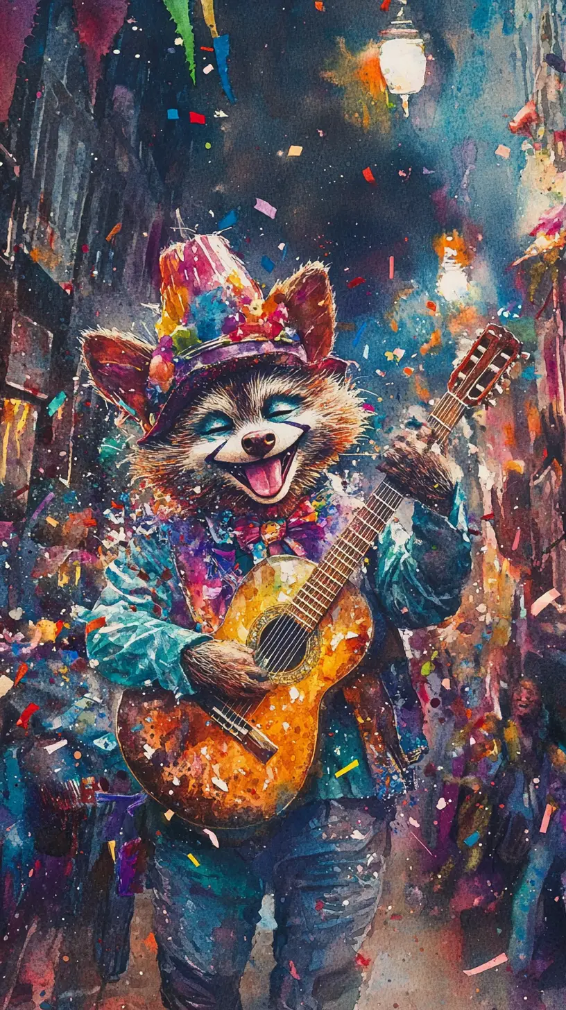 Watercolor raccoon clown dancing on a Paris city street